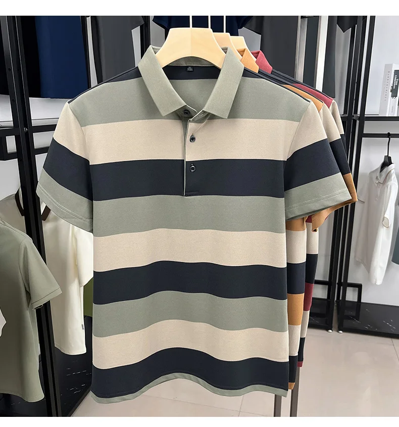 High end fashion men short sleeve polo shirt summer trend stripe men's wear middle-age business casual breathable lapel T-shirt 24 Scfd768b73f7b4eedb3daf334266b37cam