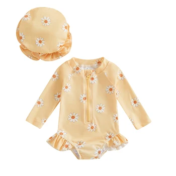 Toddler Girl Floral Rash Guard Swimsuit Set with Hat 1