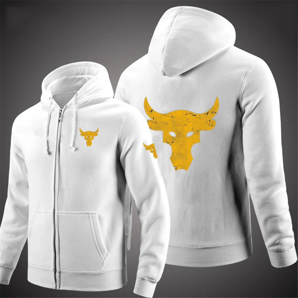 thumbnail image 1 of 2024 Spring Autumn Men's Dwayne Johnson Brahma Bull Tattoo Logo Printed Classic Zipper Solid Color Sports Casual Loose Hoodies, 1 of 5