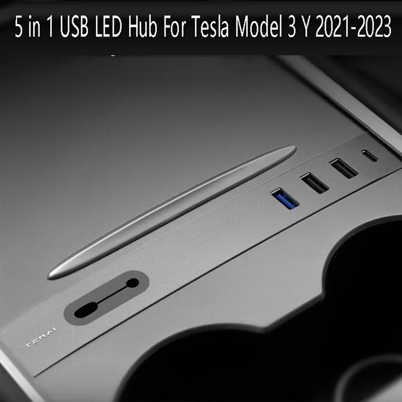 

For Tesla Model 3 Y 2020-2023 Spare Parts Accessories Quick Charger Docking Station 5 In 1 USB LED Hub Center Console Sensor