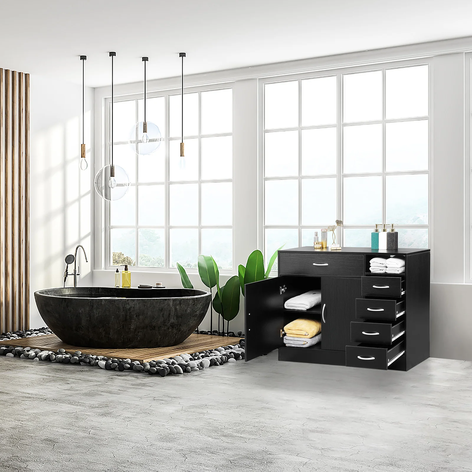 Description Picture 3 of itemBlack Bathroom Storage Cabinet Free Standing Cabinet,2 Doors & 5 Drawers Wooden Towel Organizer for Bathroom, Living Room, Kitch