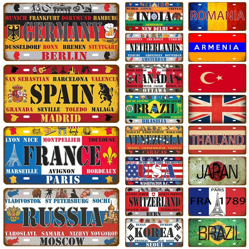 

Tin Sign Plaque France Russia Spain Metal Sign Germany USA Country Flag License Plate For Wall Home Restaurant Craft Bar Decor