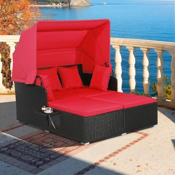 Outdoor Hand-Woven PE Wicker Daybed Patio Loveseat Sofa Set with Retractable Canopy & 2 Side Tables, Outdoor Sun Lounger 4