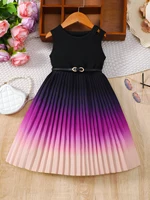 Girl’s Gradient Color Blocking Pleated Hem Summer Sleeveless Belt Dress