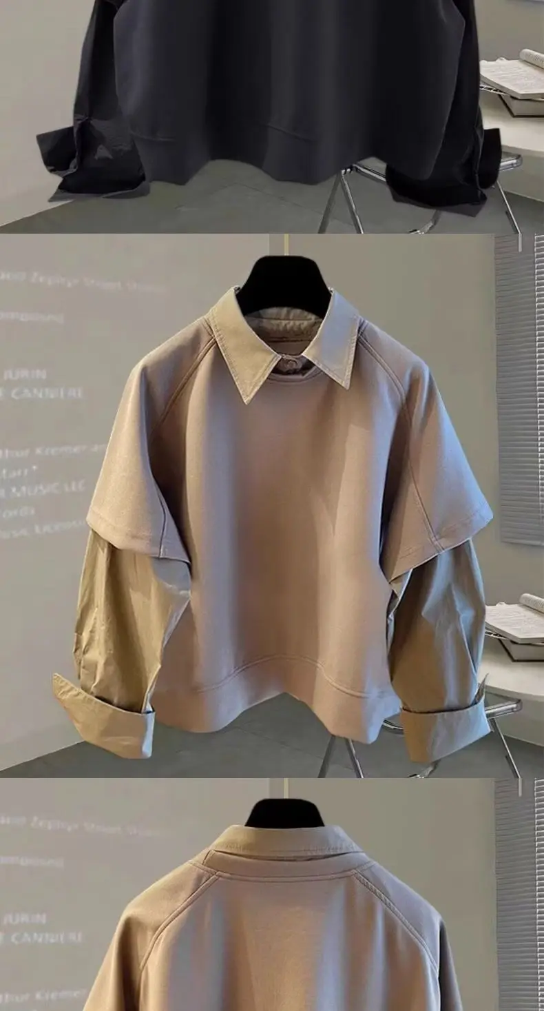 Two-piece Spliced long-sleeved Shirt for Autumn Winter Men's New Sweatshirt Korean Style Trendy Loose Fashion Versatile Top
