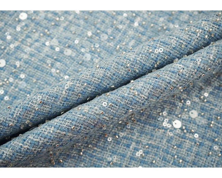 Heller babyblauer Pailletten-Tweedstoff, glitzernder Perlenstoff für Damenjacken, Röcke, Anzüge, DIY-Nähen, Designer-Material, mehrfarbig – Detail 1