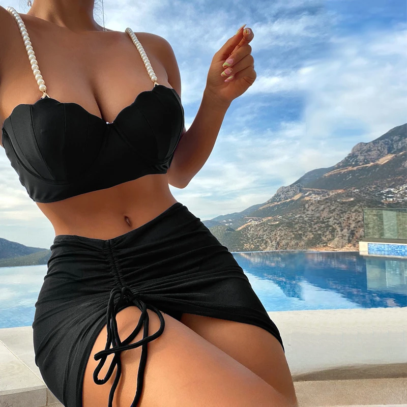 Summer New Swimsuit Women's Three Piece Set Solid Color Summer Sun Protection Sexy Bikini Swimsuit Bathing Suit Women  Swimwear