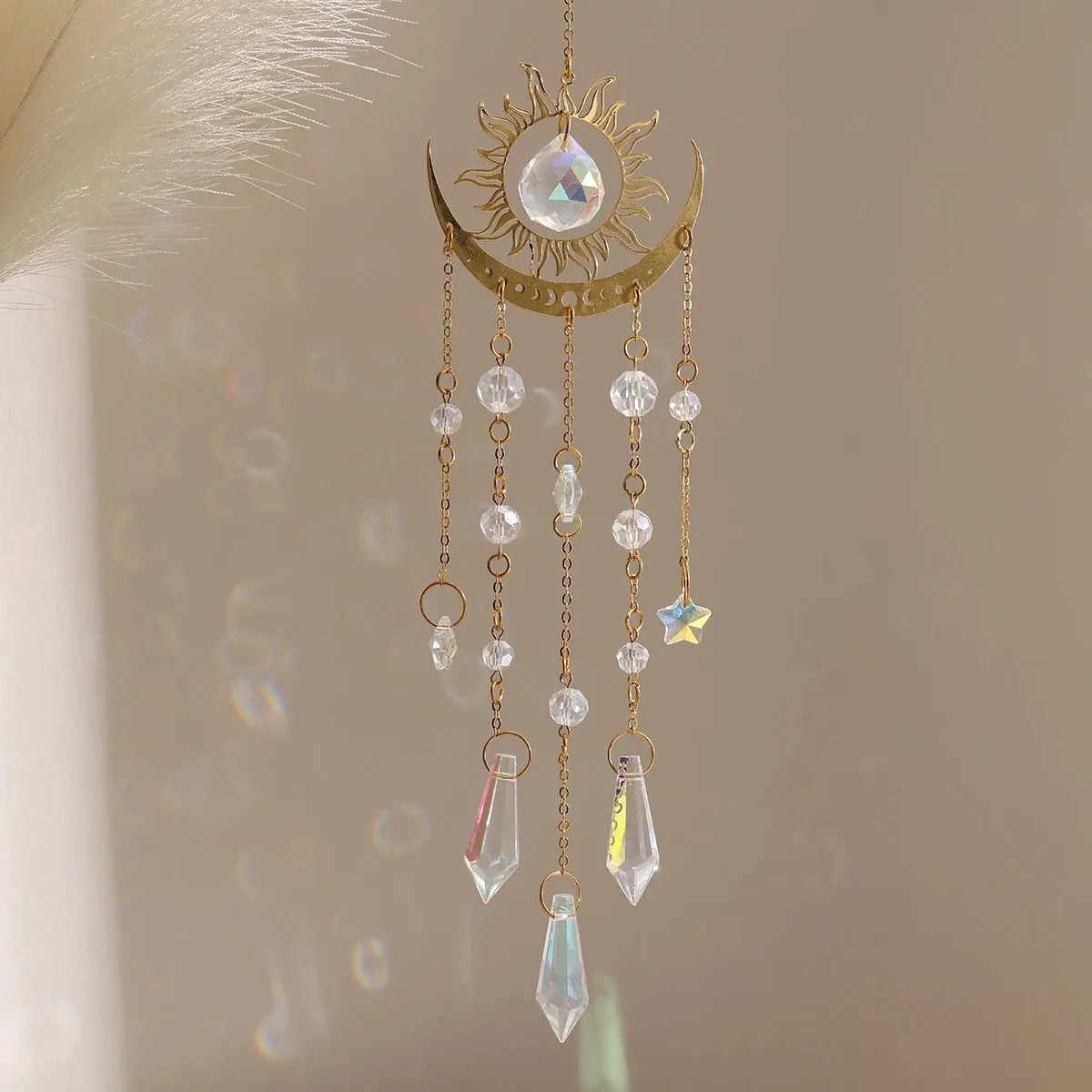1pc gold flame moon crystal pendant sunlight catcher outdoor garden ab colourful hanging decorations hanging ornaments crystal pendant