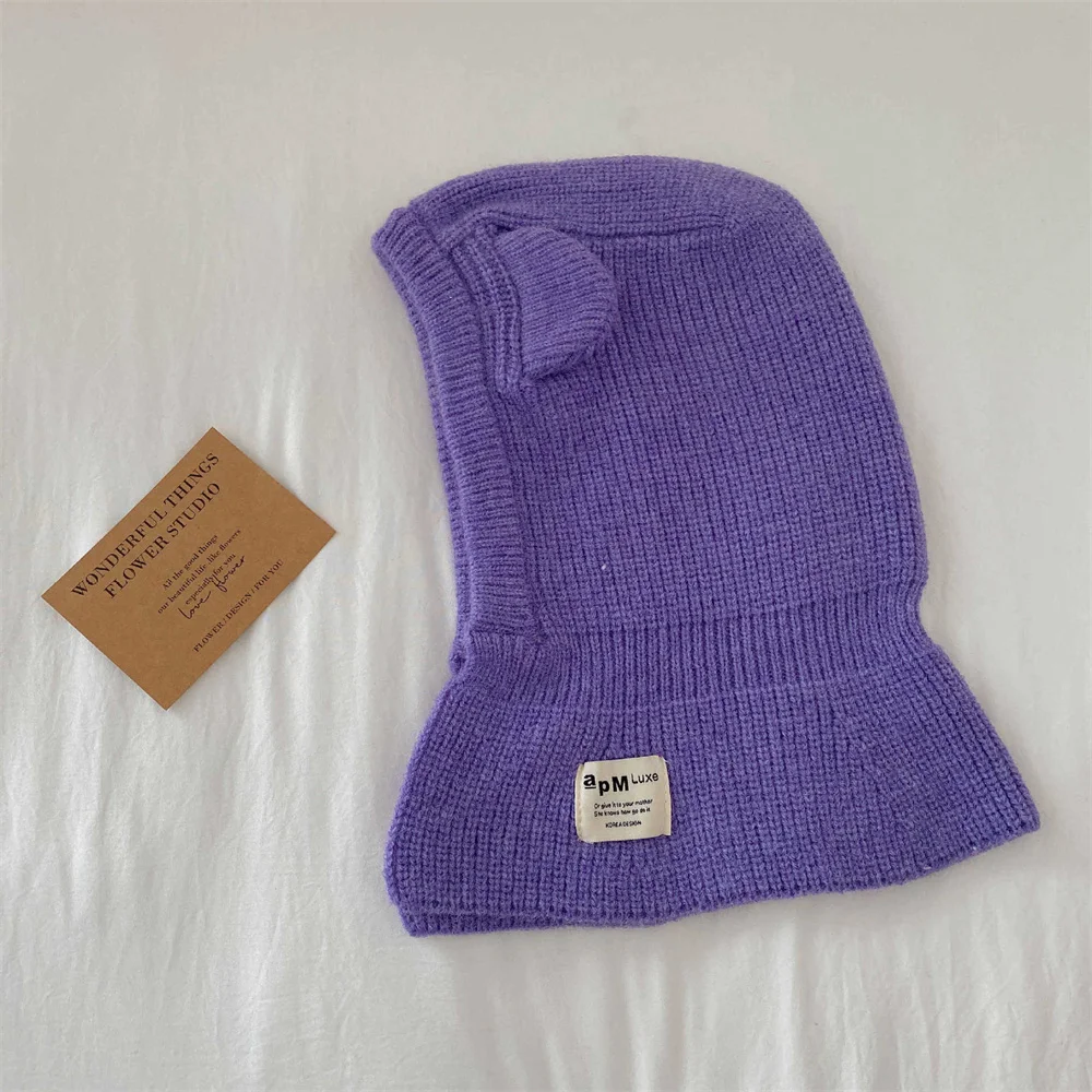 Cute Bear Ear Children Hat Scarf One Piece Winter Warm Kids Beanie Cap Solid Color Knitted Ear Protection Caps Balaclava Bonnet