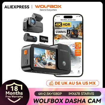 WOLFBOX X5 3-Channel 4K+2.5K Dash Cam Front, Rear & Inside Car DVR with 5.8GHz Wi-Fi, GPS, and NightShot