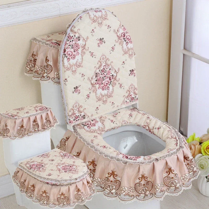 3pcs/Set Lace Embroidery Detachable Toilet Cover Cloth Dustproof Soft Toilet Seat Ring Cushion Home Decoration Cover toilet seat cover,toilet seat cushion,toilet mat set,toilet accessories