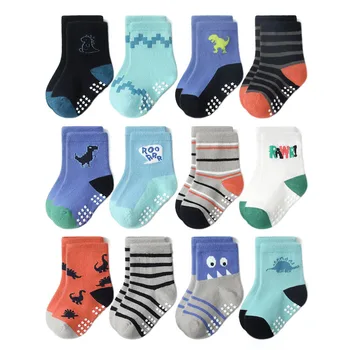 6 Pairs Kids Non-Slip Socks Cute Cartoon Dinosaur Pattern Boys Floor Socks Comfortable Breathable for Toddler Learning to Walk 1