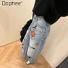 Korean Ins Fashion Cartoon Print Wide-leg Pants Trendy Hot Girl Y2K High-waisted Slim Straight Pants Goth Ripped Jeans for Women 3