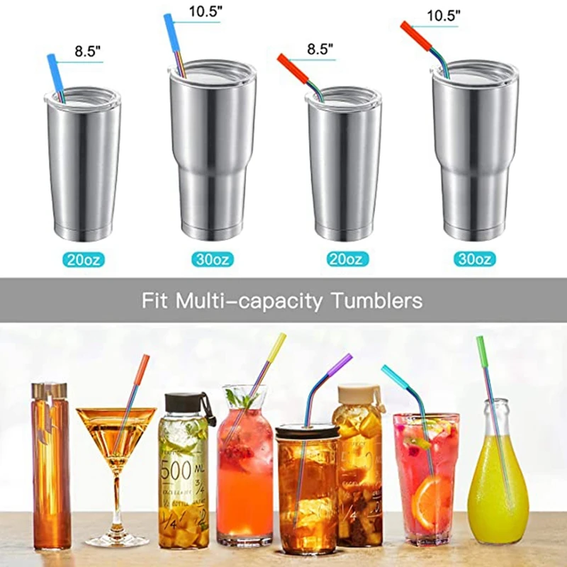 Reusable Straws,Set of 8 Long 8.5 Inch Stainless Steel Metal Straws, 4  Silicone Straws, Includes 2 Cleaning Brushes, Compatible With  Tumblers,YETI