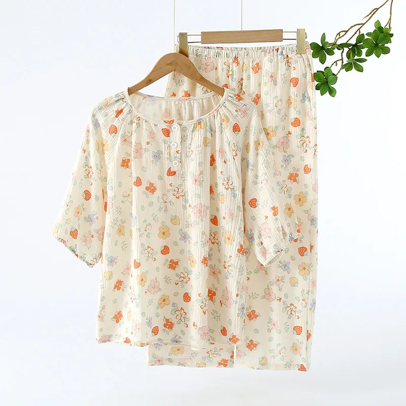 

2024 New Women's Spring/Summer Women's Pure Cotton Pajama Set Flower Print Short Sleeves+Capris Two Piece Sweet Home Furnishings