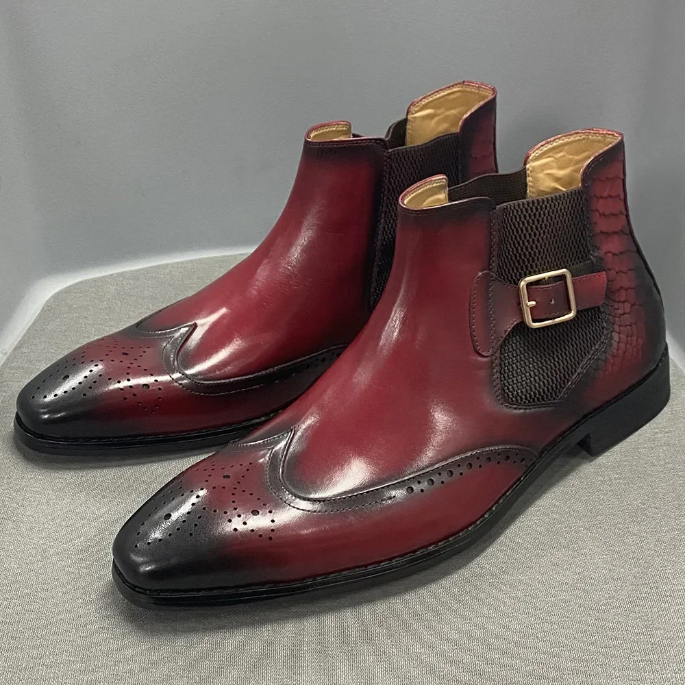 Men's Real Cow Leather Ankle Boots, Slip on Buckle Strap