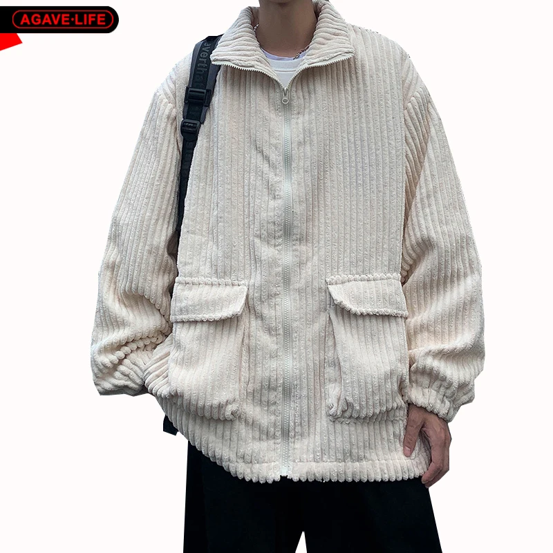 

Spring Autumn Solid Color Corduroy Jackets Men's Loose Simple Jacket Handsome Male Loose Zipper Outwears Men Black White Jacket