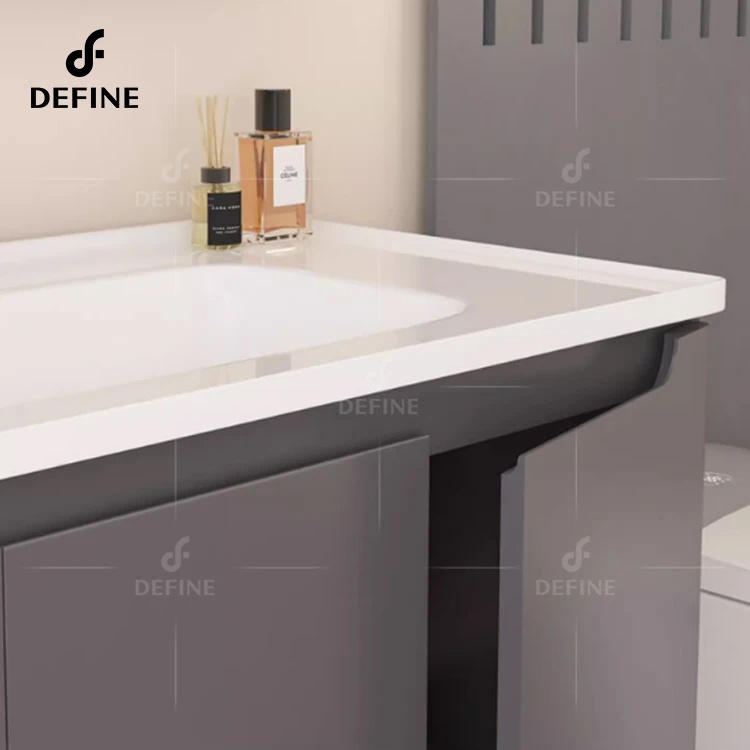Space-saving Vanity Grey Color Wall Mounted Single Sink Cabinet For Hotel Bathroom With LED Mirror