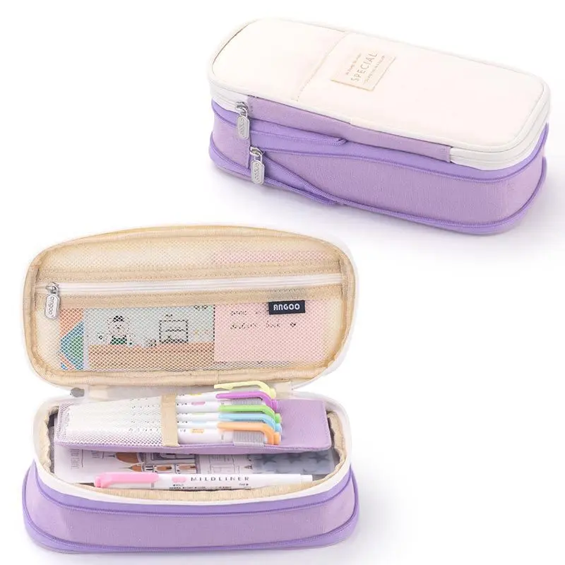 Large Capacity Pink and Blue Pencil Case - Stylish Organizer for Office, College, and High School Supplies