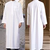 Islamic Men's Polyester Long Robe Qatar Stand-up Collar Jubba Thobe with Pockets Classic Arabic Male Clothes Prayer Abaya Dress