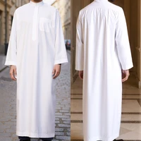 Islamic Men's Polyester Long Robe Qatar Stand-up Collar Jubba Thobe with Pockets Classic Arabic Male Clothes Prayer Abaya Dress