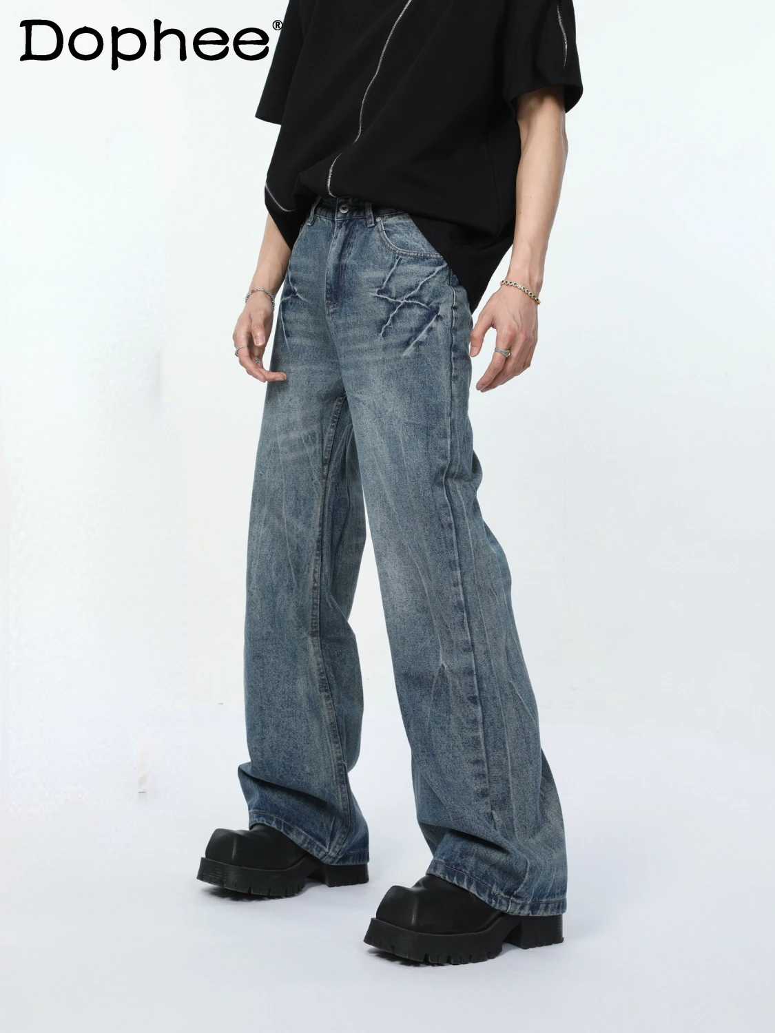 Fashionable 2024 Men's Spring Trendy Male Jeans Loose Comfortable Straight Denim Trousers Men's High-End High Street Jeans