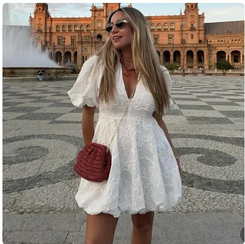 

White Embroidery Loose Mini Dress Women Short Sleeve V Neck Ruffles Party Dress Fashion 2024 Summer Party Dress