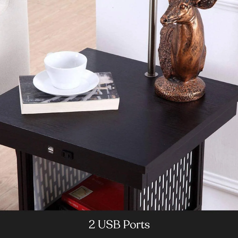 US Madison 56 in. Classic Black Mid-Century Modern LED Bedside Table Lamp with Fabric Drum Shade and Built-In USB Port