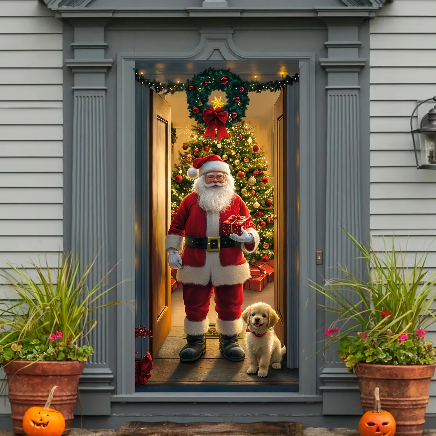 Santa Claus & Christmas Tree Door Cover 35.4x70.8" Festive Holiday Decoration Hanging Entrance and Room