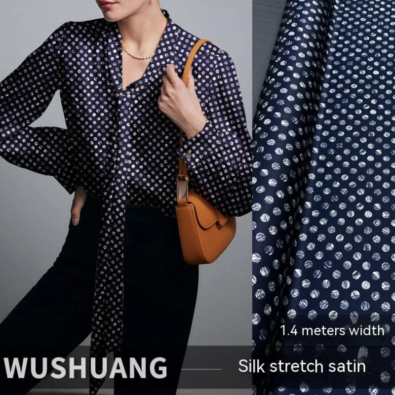 

Silk Stretch Satin Mulberry Silk Blue Polka Dot Cheongsam Women Shirt Dress Fashion Design Wholesale Fabrics by the Meter