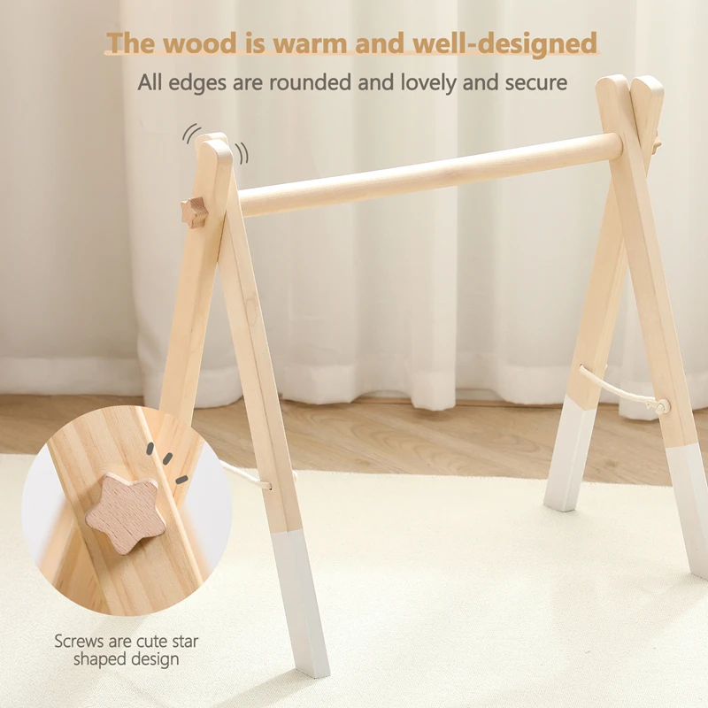 Baby Wooden Gym Play Toys Mobile Kids Fitness Hanging Stand Toy Foldable Baby Exercise Equipment Newborn Sensory Exercise Gifts 3