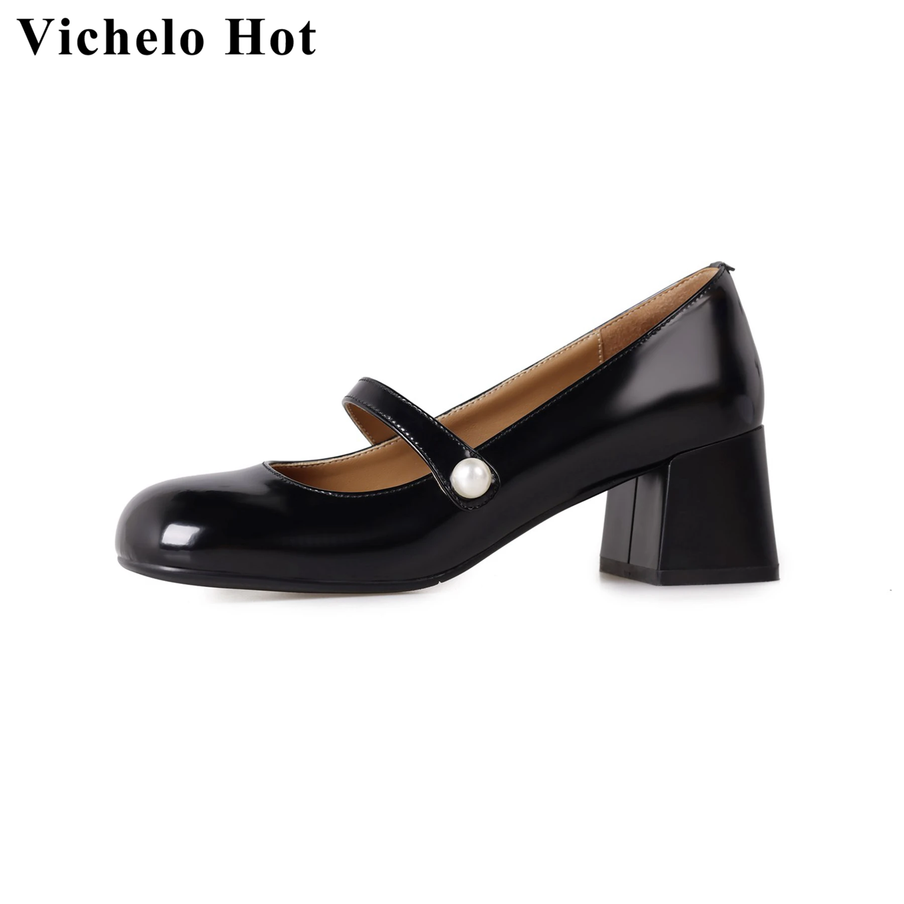 

Vichelo Hot Cow Leather Round Toe High Heels Pearl Mary Janes Spring Autumn Shoes Office Lady Elegant Solid Shallow Women Pumps