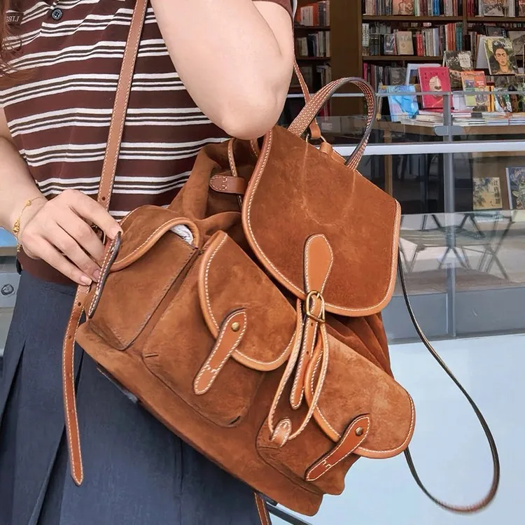 New Vintage Women's Travel Backpack Large Capacity Commuter Suede School Bag College Students Brown Suede Bookbag