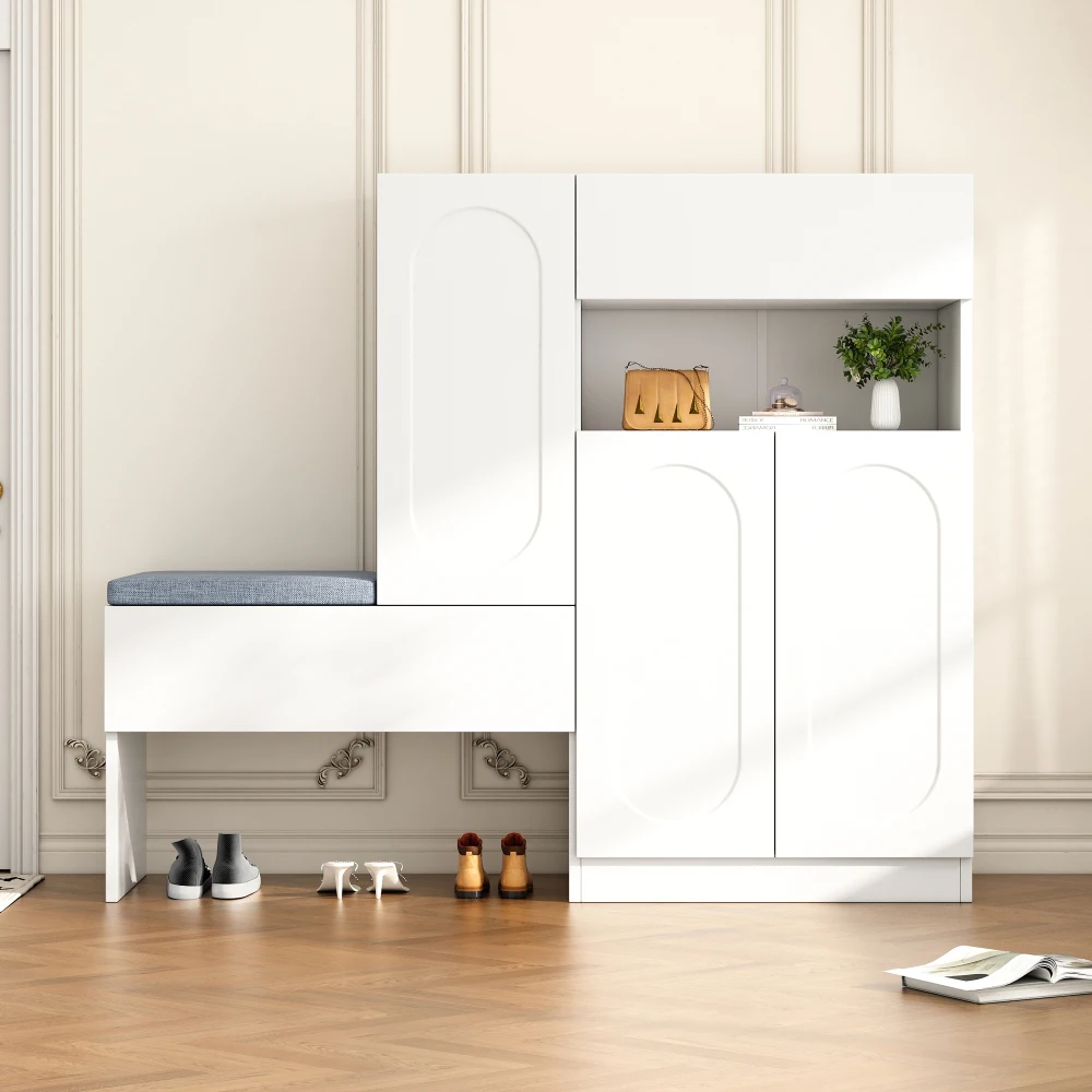 Schuhschrank mit gebogenen Türen, Klapptür mit Soft-Close-Funktion, höhenverstellbaren Fächern und gepolstertem Sitz – Detail 6