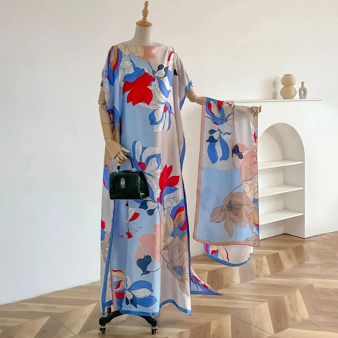 Summer Fashion African Dresses For Women Elegant Printed Silk Muslim Lady Long Hijab Kaftan Dress Sun Protection Kuwait Abaya