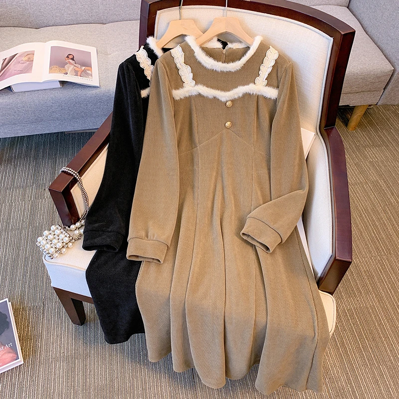

Elegant Cotton Long Dress For Women 2023 Casual Female Large Size 4XL Autumn Winter Warm Black Khaki V Neck Slim Vintage Clothes