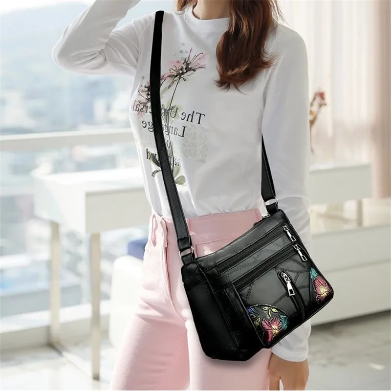 Women Leather Messenger Shoulder Handbags Multi-pocket Crossbody Bag