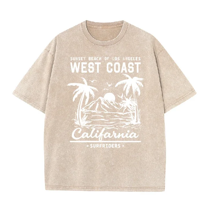 Palm Tree Graphic Slogan Black Round Neck Casual T-shirt