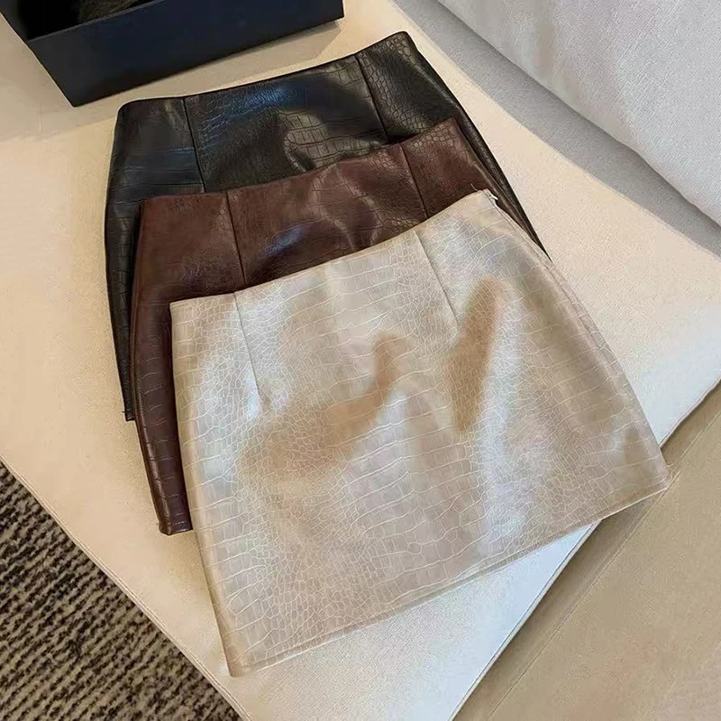Crocodile Pattern Pu Leather Skirts Women Korean High Waist Tie Dye Mini Skirts Y2K Vintage Streetwear All Match A Line Skirts