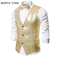 Sleeveless Vests for Men Paillette Homme Steampunk Shiny Gold Sequin 2 Pieces Mens Vest with Bowtie Party Stage Prom Waistcoat 1