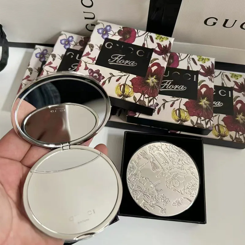 Flora Luxury Silver Compact Mirror Travel Makeup Mirror Stainless Steel  Pocket Vanity Mirror 2 Sided Portable Folding Mirror