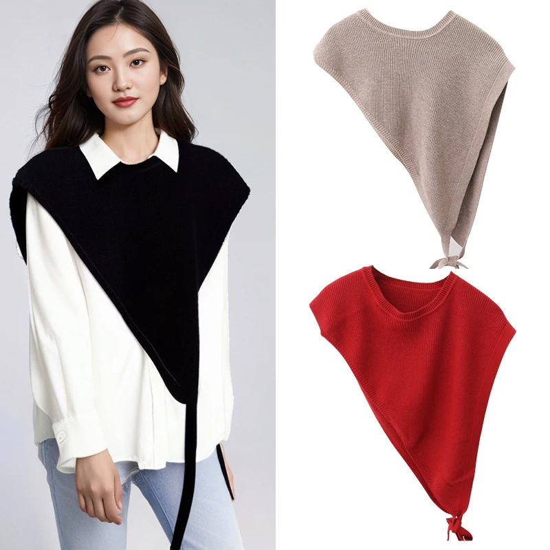 Slanted Shoulder Split Knitted Shawl For Women Spring Summer Autumn Triangle Slanted Knitted Vest Shawls Female Tops