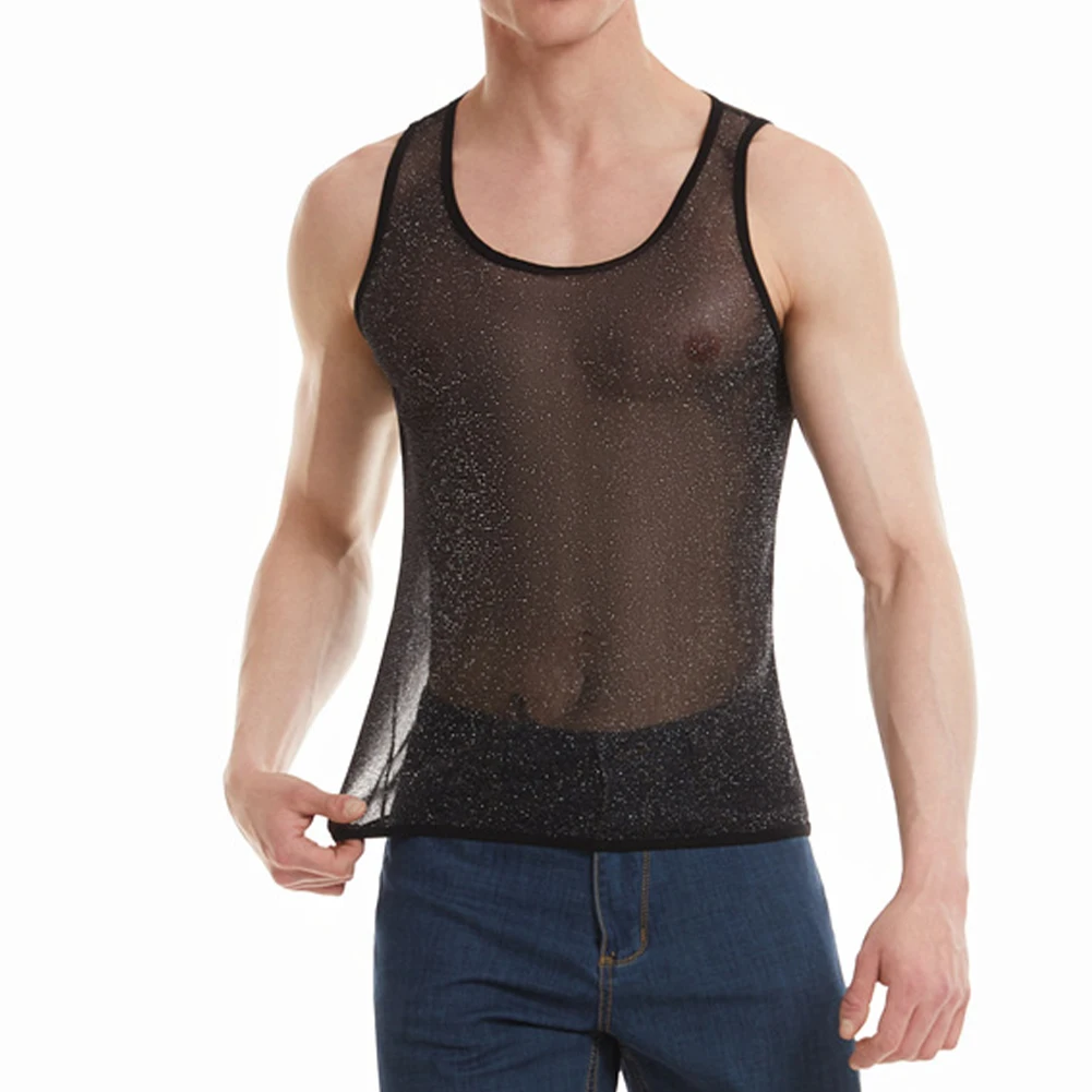 

Mens Undershirt Mesh See-Through Shine Tank Vest Fitness Shirt Breathable Singletss Bodybuilding Muscle Crop Top Bodyshaper