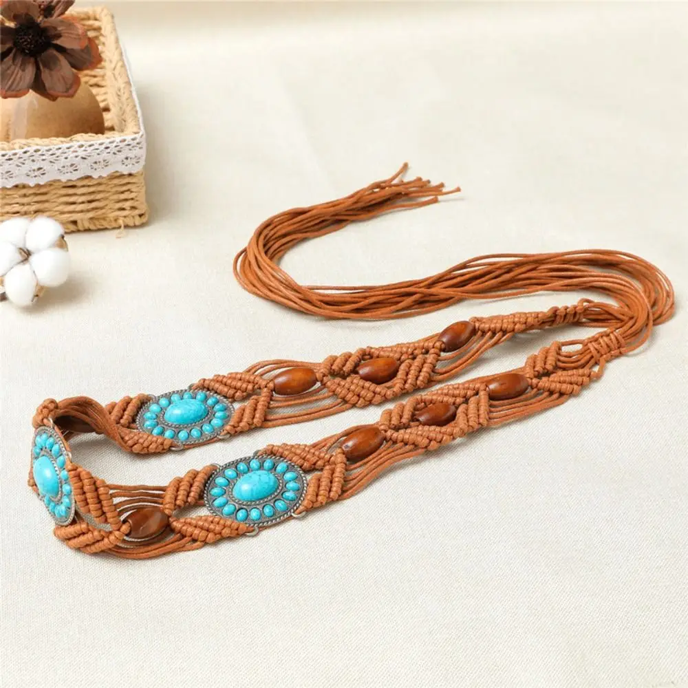 

Retro Simple DIY Hand Wooden Bead Wide Belts All-match Woven Belt Ethnic Style Belts Women Waist Chain Bohemian
