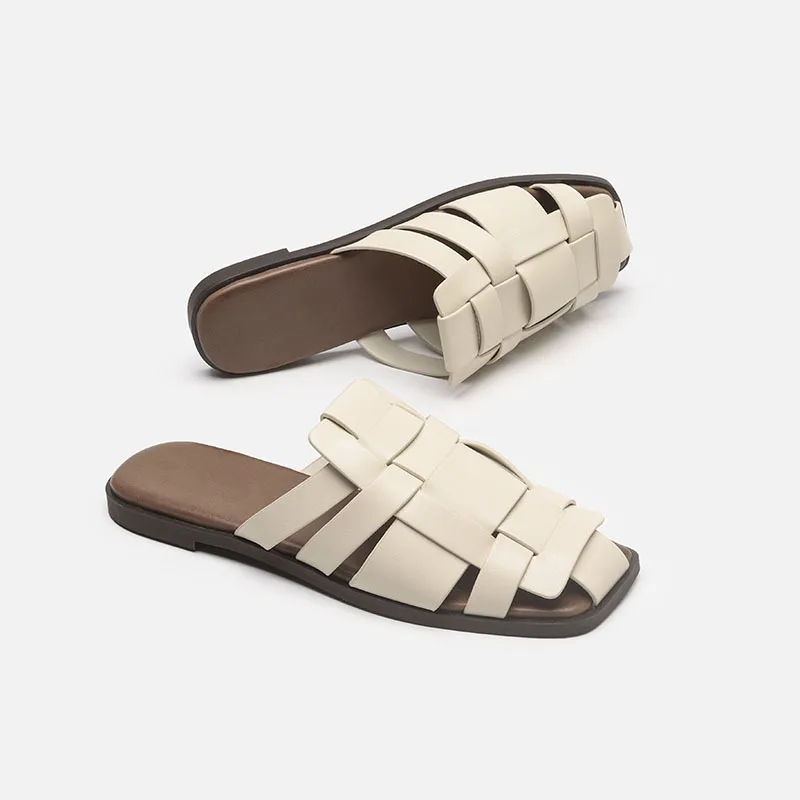

2023 Spring Summer New Cover Toe Slides Outer Wear Slippers Casual Weave Flat Bottom Non Slip Sandals Women Slippers