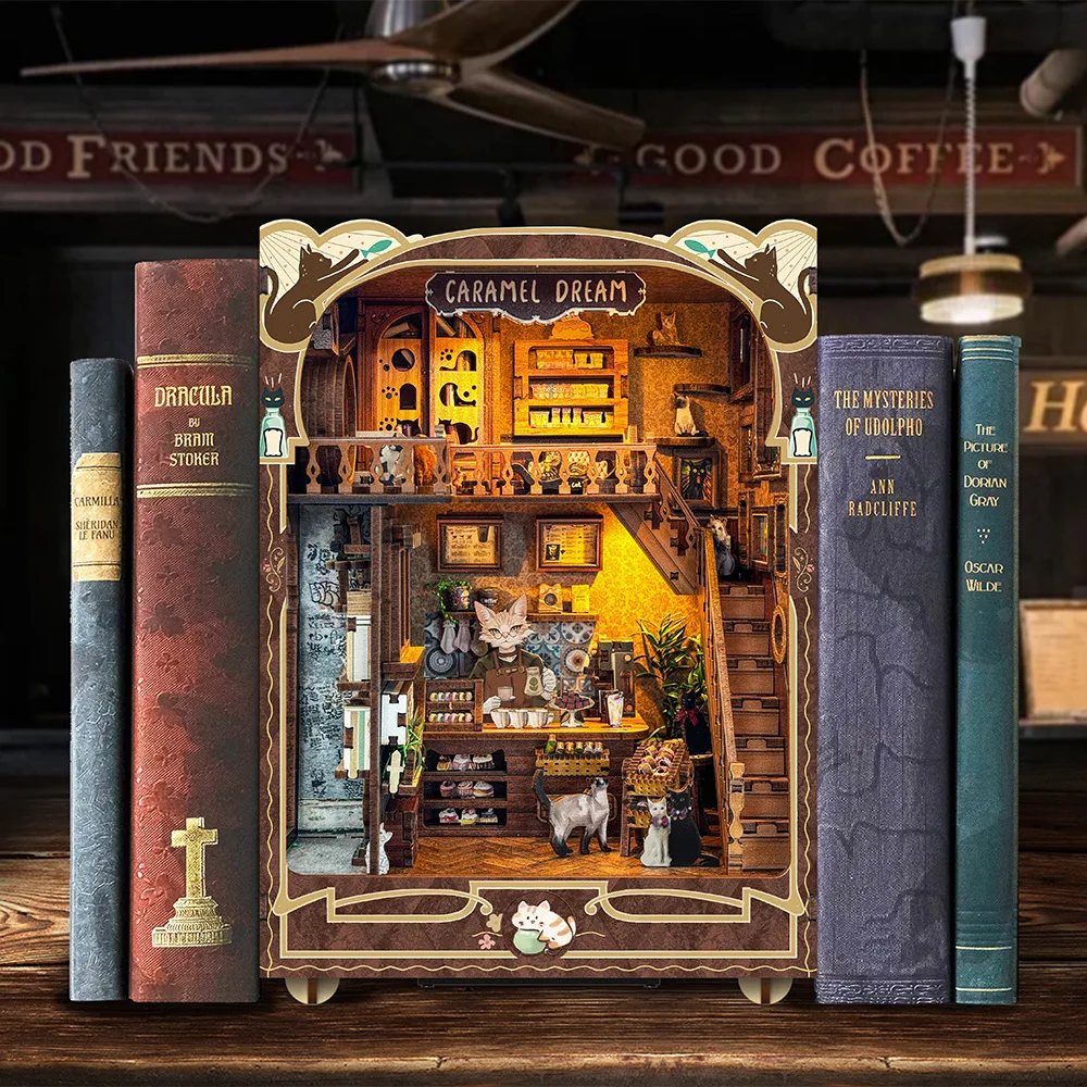 DIY Wooden Caramel Dream Cottage Book Nook Shelf Insert Miniature Model Kits With Light Bookshelf Bookend Friends Birthday Gifts 2