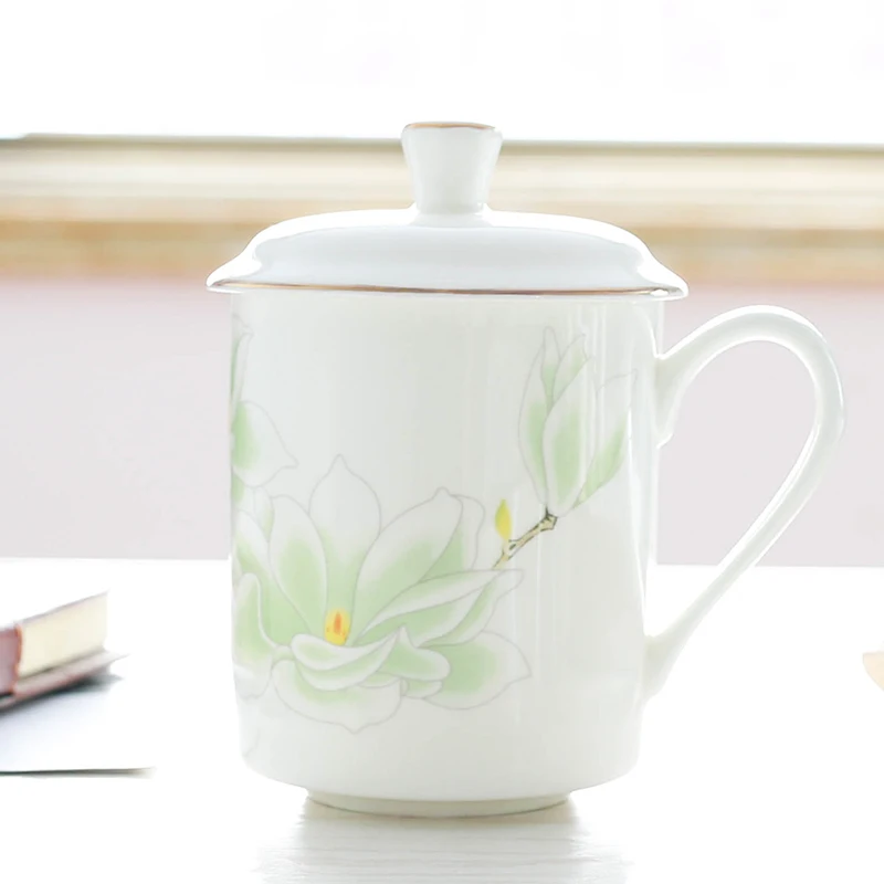 Chinese Style Ceramic With Cover White Porcelain Personal Tea Mugs, Personal Creative Floral Pattern, Milk Water Cup, 400ml, 1Pc