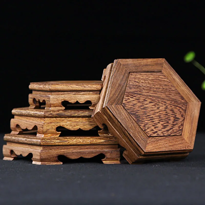 Solid Wood Hexagonal Purple Clay Pot Tea Set Base, Mahogany Chicken Wing Wood Vase, Flower Bonsai Wood Bracket