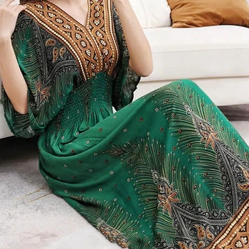 여성용 캐주얼 우아한 레트로 보헤미안 내셔널 스타일 V넥 탄성 허리, 큰 스윙 프린트, 여름 롱 스커트, 원피스 의류 상품 이미지