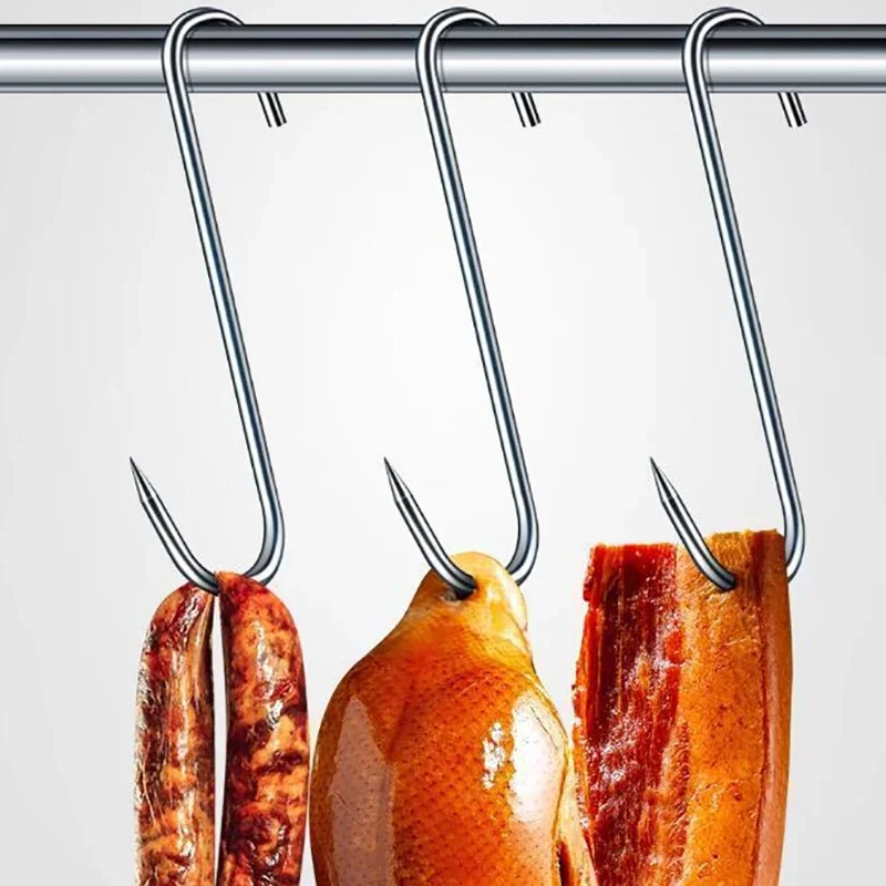 10PCS Stainless Steel S-shaped Hook Tool Butcher's Meat For Smoking Butchering Hunting Chicken BBQ Pork Sausage Bacon Grill Hook